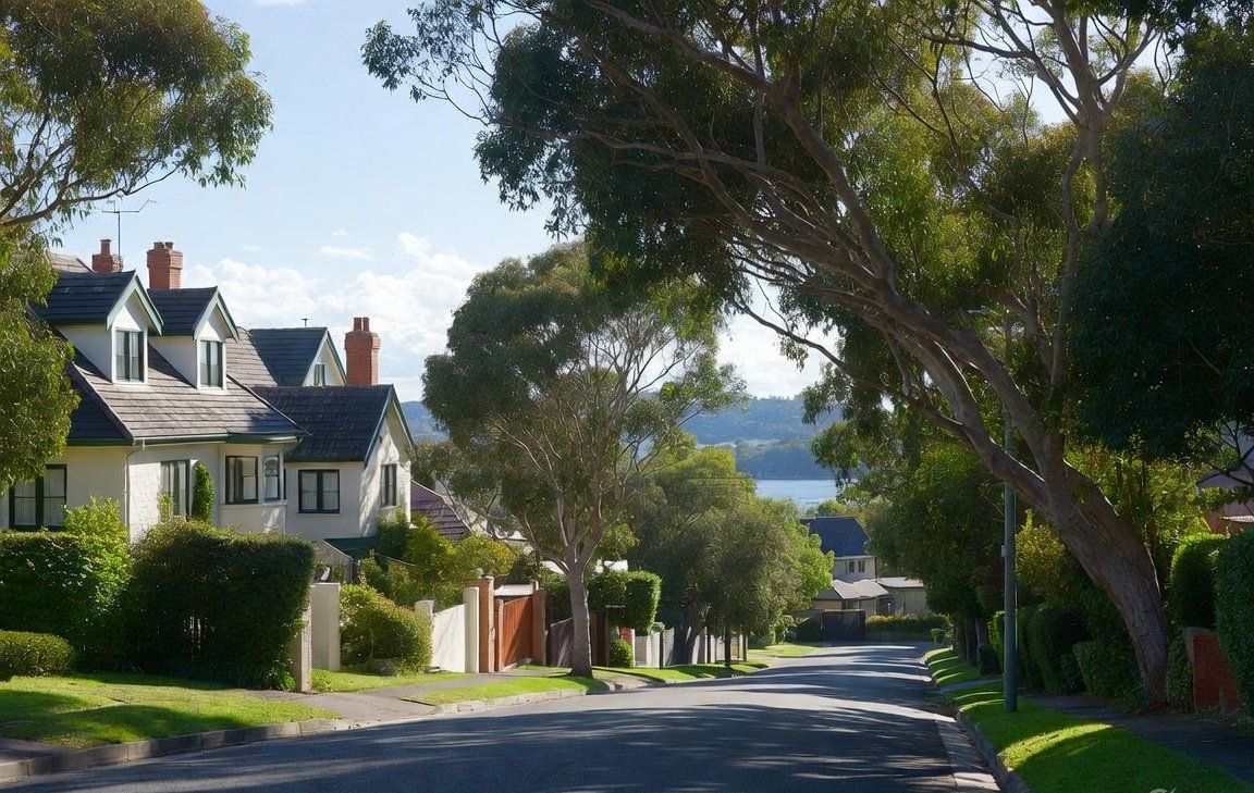 Leafy Mosman street with harbour glimpse